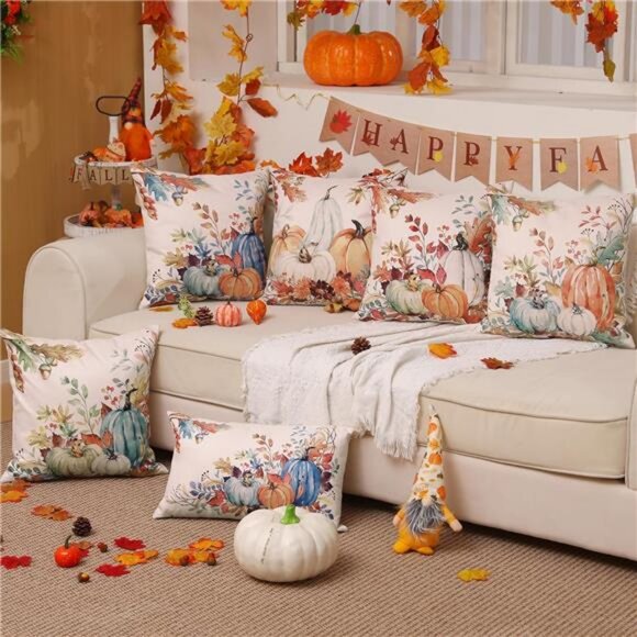 18x18 inch Set of 2 Blue and Green Watercolor Pumpkin Leaf‎ Throw Pillow Covers - Picture 6 of 6